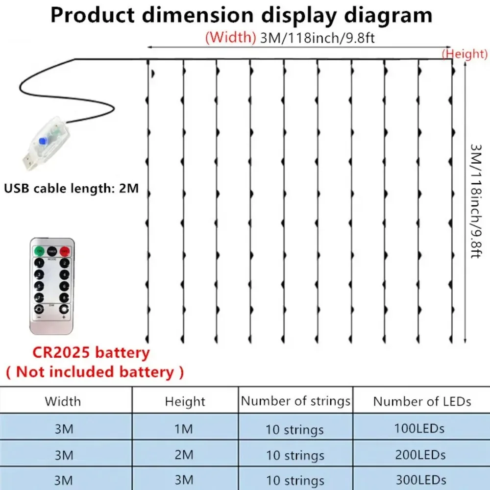 3/4/6M USB Curtain LED String Lights with Remote Control Bedroom Holiday Wedding Birthday Christmas Decoration Fairy Lights