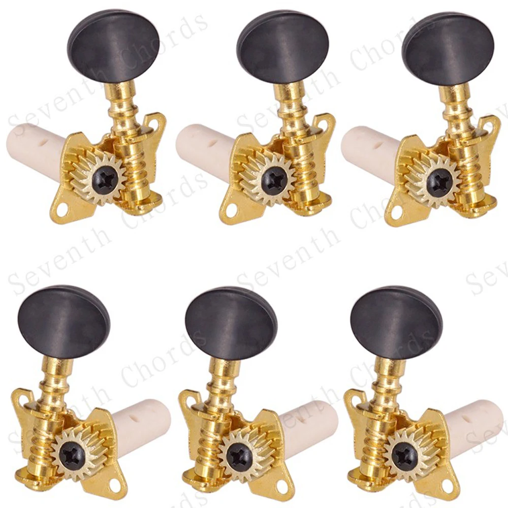 A Set 3R3L Gold Open Gear Classical Guitar String Tuners Tuning Pegs Keys Machine Heads - Black Small Oval Button