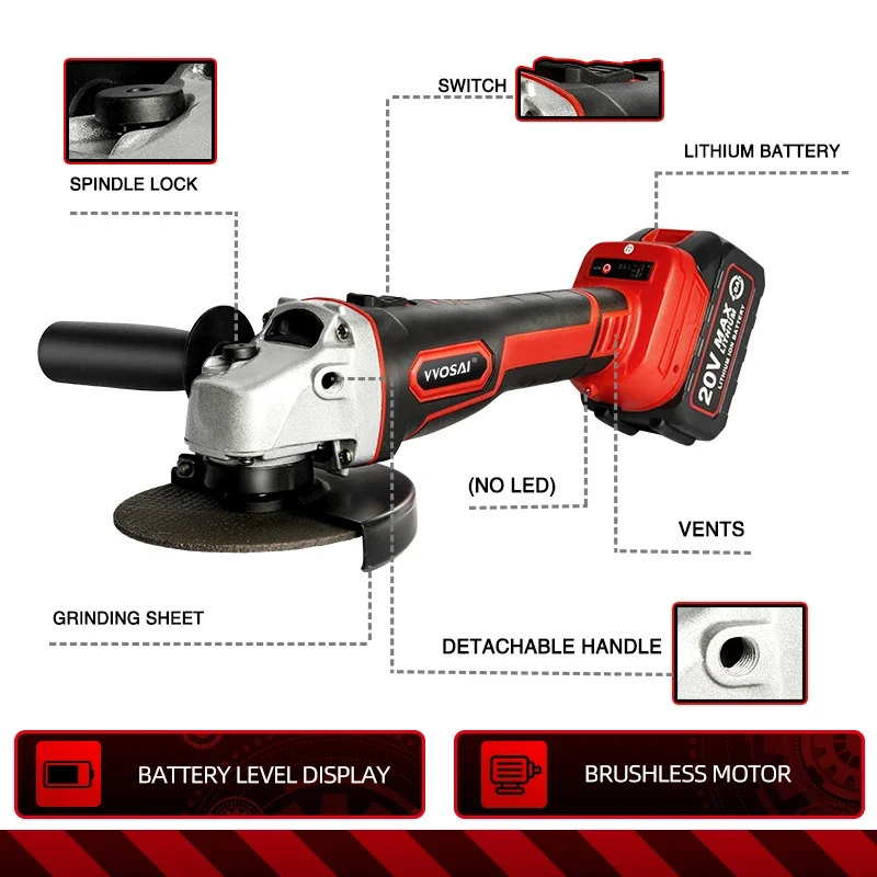 VVOSAI Cordless Electric Brushless Angle Grinder 20V Lithium-Ion Grinding Machine Electric Grinder Polishing Cutting Power Tools