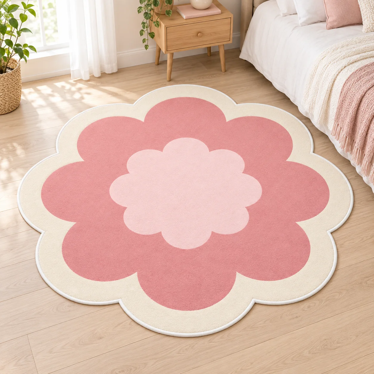 Pink Flower Creative Shaped Area Rug, Soft Pastel Floor Mat for Bedroom Living Room Dressing Area, Cute Modern Home Decor Gift