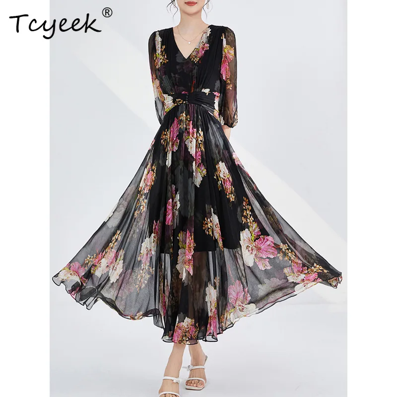 Tcyeek 100% robe florale en soie de mûrier véritable robes d'été 2025 élégant col en v a-ligne noir pause thé longue robe pour femme 상ssi