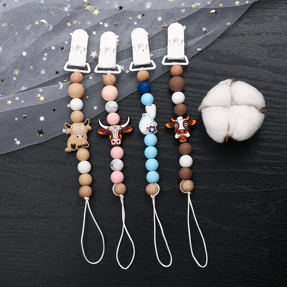 Cute Cartoon Animal Silicone Baby Pacifier Clips Wood Beads Soother Chew Teethers Toys Dummy Safe Teething Pacifier Chains Gifts