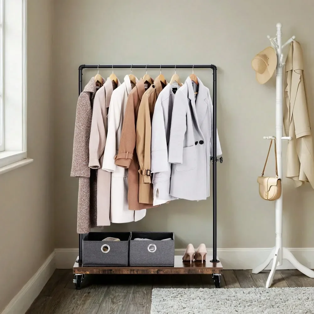 

Clothes Rack, Heavy Duty Clothing Rack, Industrial Pipe Style Rolling Garment Rack With Shelf, For Bedroom, Laundry Room