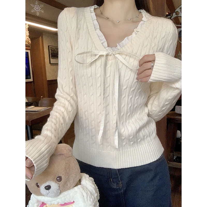蝶ネクタイ長袖ニットセータープルオーバー女性 Y2K レーススプライスツイストセーター秋プレッピースタイルヴィンテージ V ネックジャンパー
