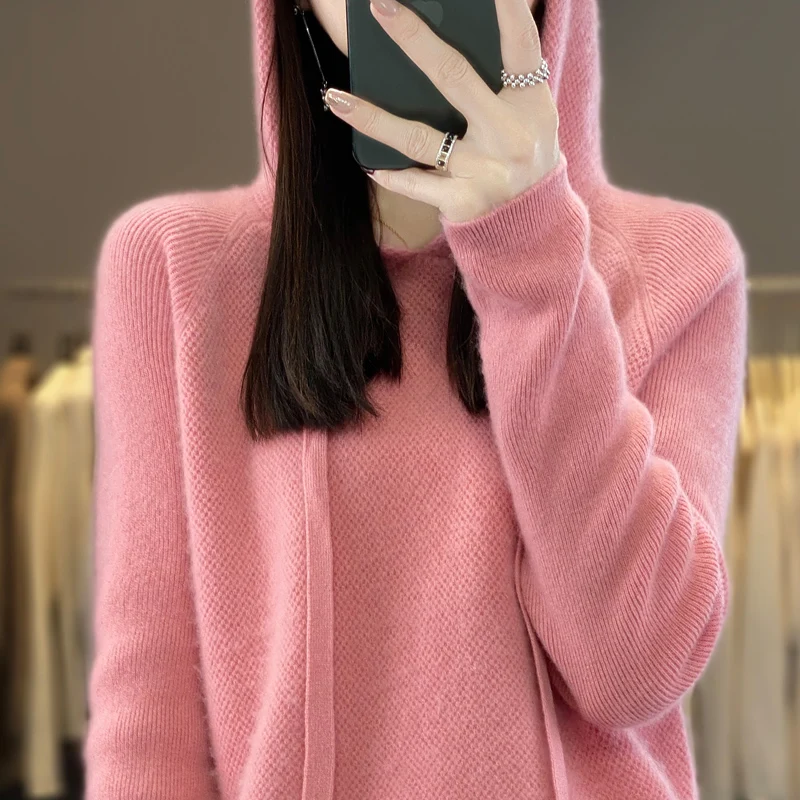 Korean Women\'s Thick Hooded Jumper 100% Merino Wool Hooded Sweater Autumn/Winter New Fashion Warm Knit Top Jacket