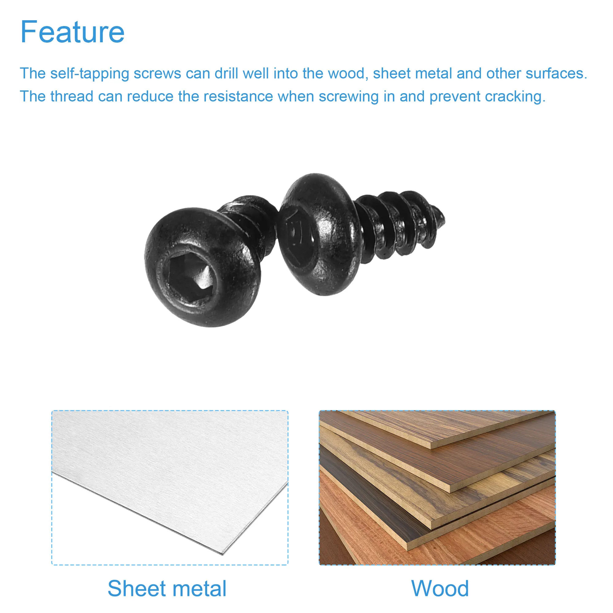 Uxcell 육각 소켓 셀프 태핑 나사, 탄소강 목재 나사, 제조용, M3 x 6mm, 200 개
