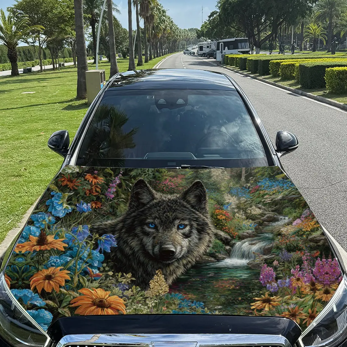 

Charming Blue Eyed Wolf in Floral Draped & Waterfall Scene Car Vinyl Wrap, PVC Material Waterproof Car Hood Sticker, Self-Adhesi