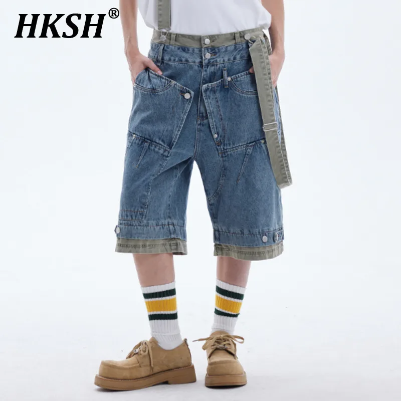 

HKSH Summer New Men's Tide Original Design Jeans Fashion Capris Streetwear Detachable Strap Washed Loose Denim Shorts Ins HK5237