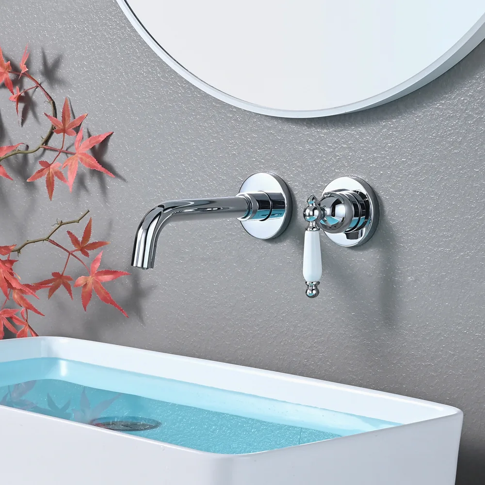 

Wall Mount Basin Sink Faucet Single Handle Bathroom Hot and Cold Mixer Tap Modern Double Hole Restroom Vessel Sink Faucet Chrome