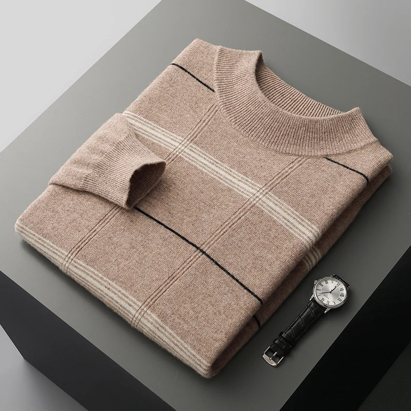 Strip Horizontal sweater kasmir wol Merino pria, Atasan kemeja rajut setengah turtleneck pullover bawah hangat musim gugur/musim dingin baru 100%