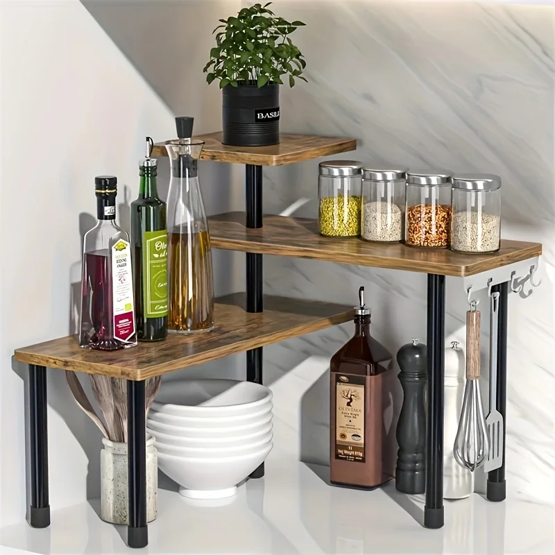 

3-Tier Corner Shelf - Space-Saving Countertop Organizer with Heavy-Duty Black Metal corners, for Kitchen, Bathroom
