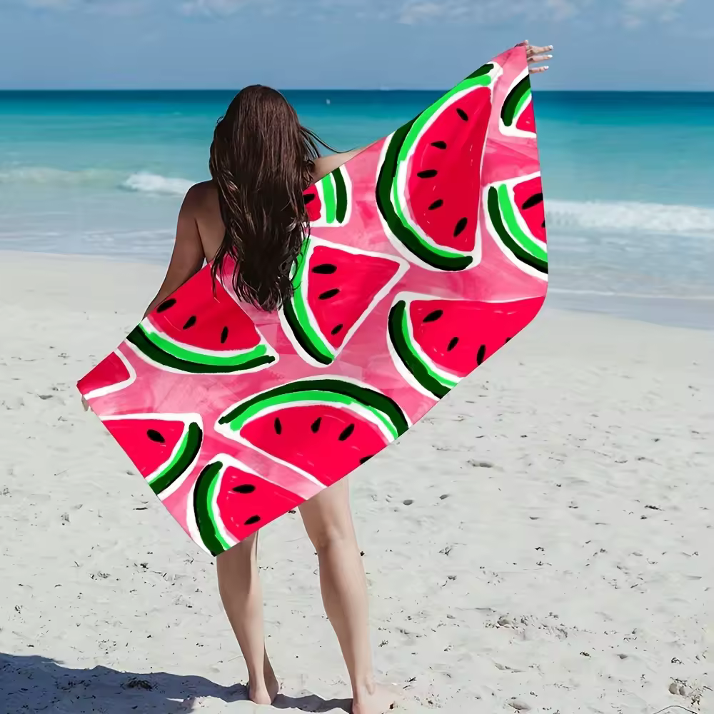 serviette de plage, microfibre, imprimé pastèque, séchage rapide, absorbante,