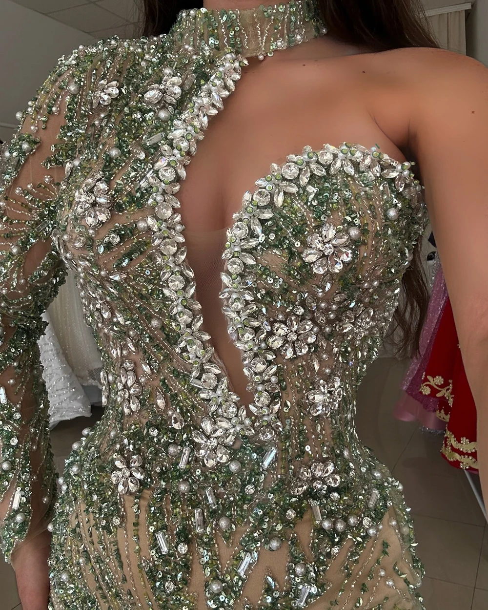 

Gorgeous Mermaid Crystal Evening Dresses One Shoulder Beaded Pearl Shiny Sequin Luxury Formal Party Prom Gown Vestido Customized