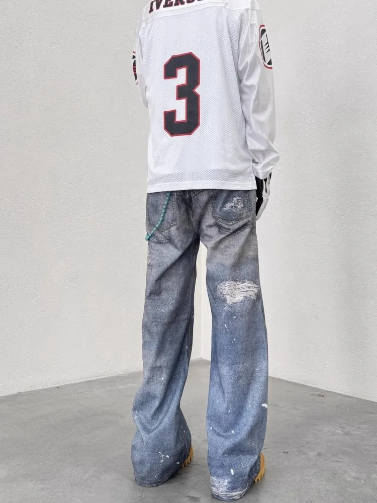 American Style Gradient Blue Hole Fake Two-Piece Spliced Men Jeans Straight-Leg Loose Fit Denim Trousers Full Length Cowboy Pant