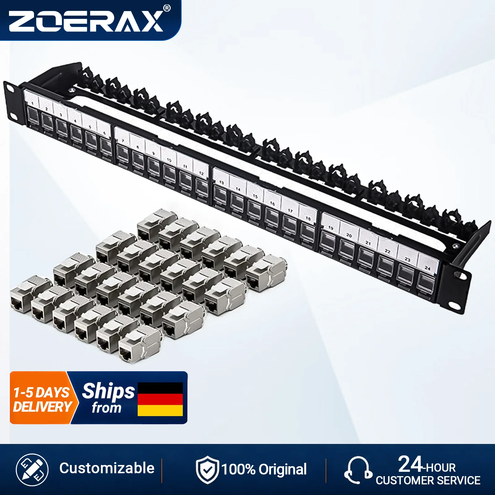ZoeRax 24-Port RJ45 Abgeschirmtes Patchpanel mit CAT7 Keystone-Buchse Patchpanel mit Abnehmbarer Rückwand für CAT7/6A Netzwerkkabel