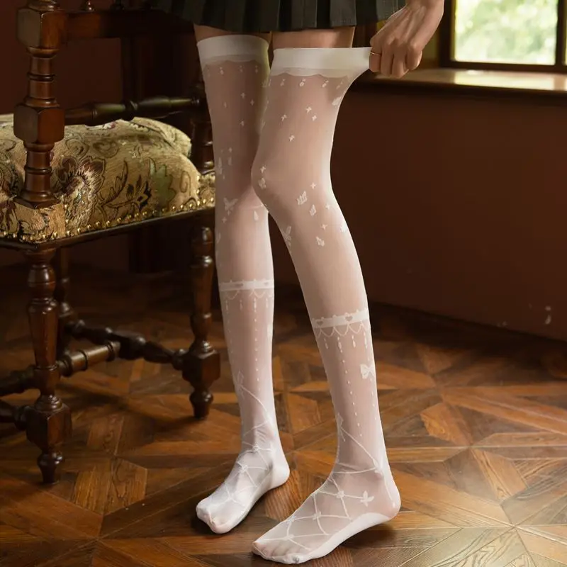 Sheer White Over-the-Knee Socks Summer Thin Lolita Bow Detachable Socks Cute Breathable Schoolgirl Fashion Knee-High Stockings