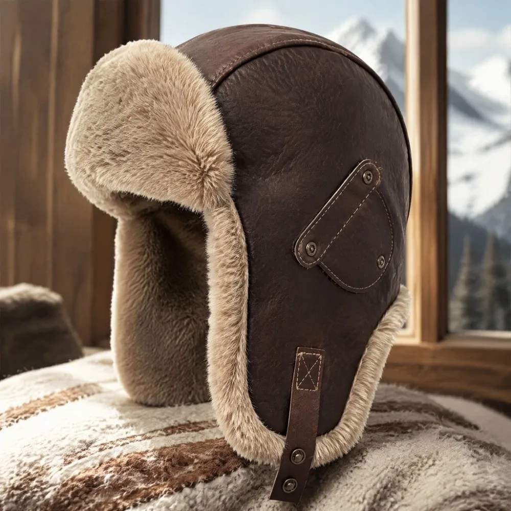 Neutral Vintage Pu Leather Pilot Hat Plush Side Rivets Winter Ski Cap Warm Thicked Ear Protection Hat Outdoor
