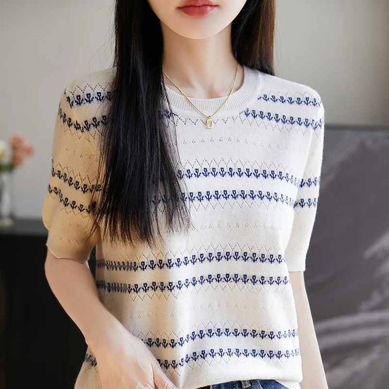 

2026 new spring/summer women's cashmere pullover O-neck casual jacquard short sleeved fashionable loose top