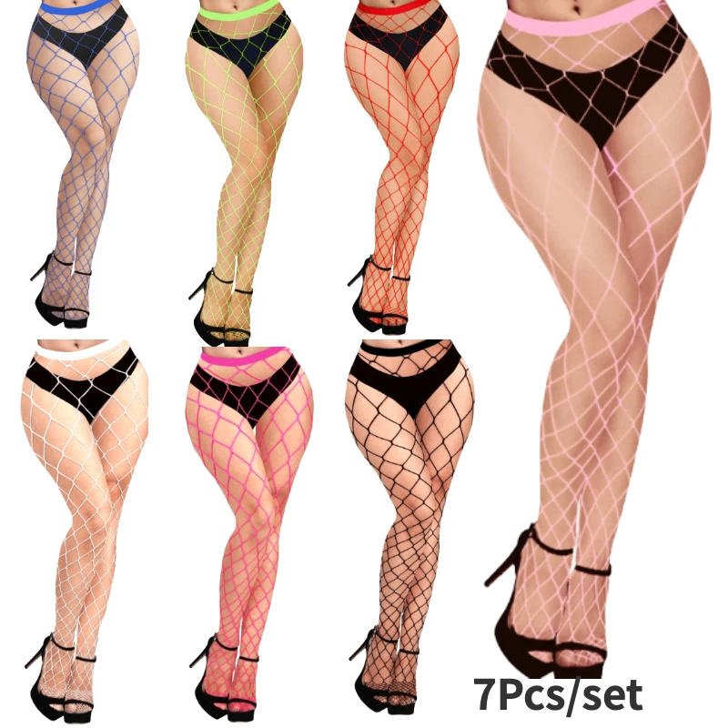 

7Pcs/set Colorful Big Net Tights Pantyhose Women Erotic Costumes Breathable Thigh High Stockings Sexy Lingerie Panty hose