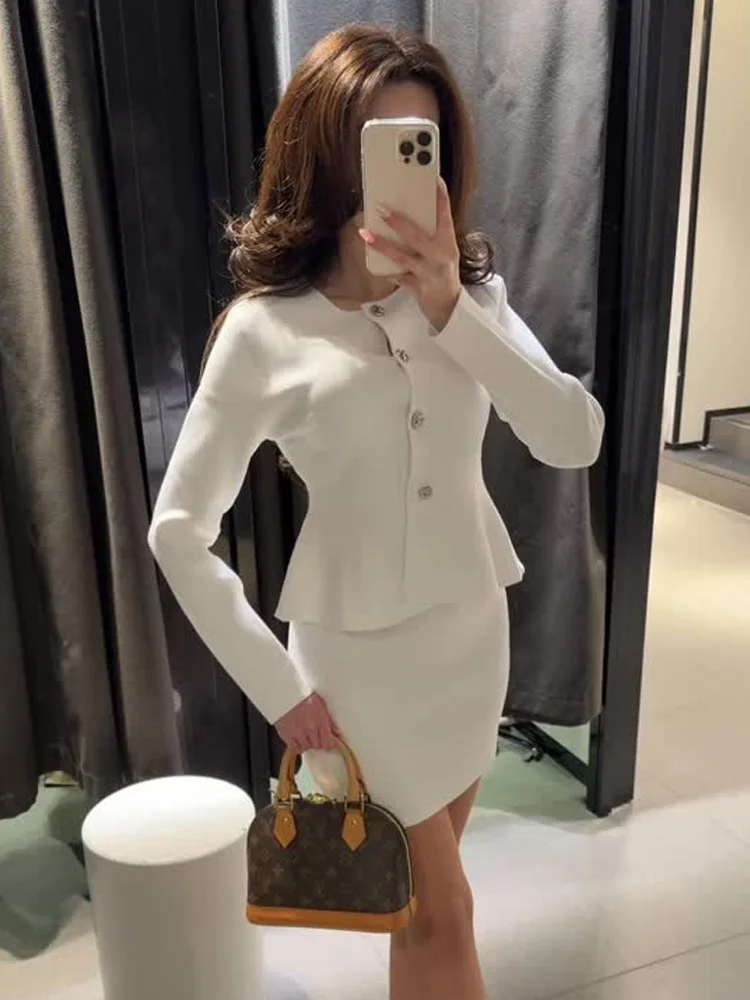 

TRAFZA Women's Elegant Suit White O-Neck Single Breasted Long Sleeve Cardigans+Elastic Waist Mini Skirts Female Skirt Sets 2025