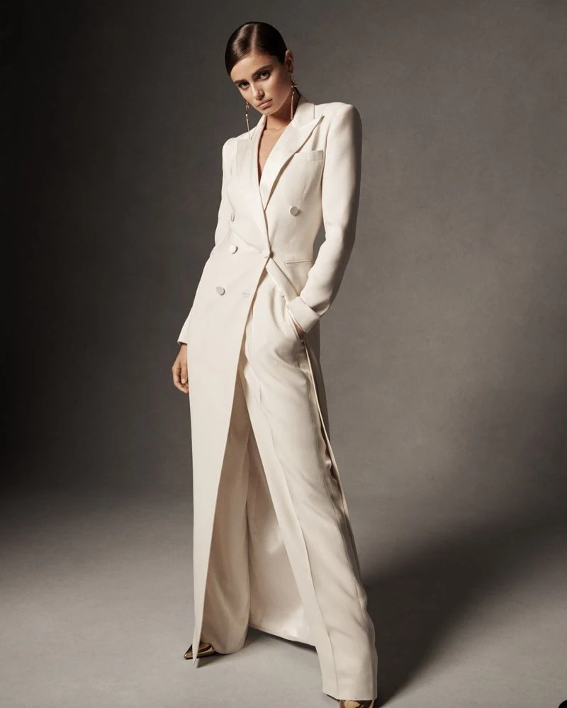 White Double Breasted Blazer Suits Ankle Length X Long Coat Wide Leg Pants Loose Celebrity 2 Pieces Set Custom Made