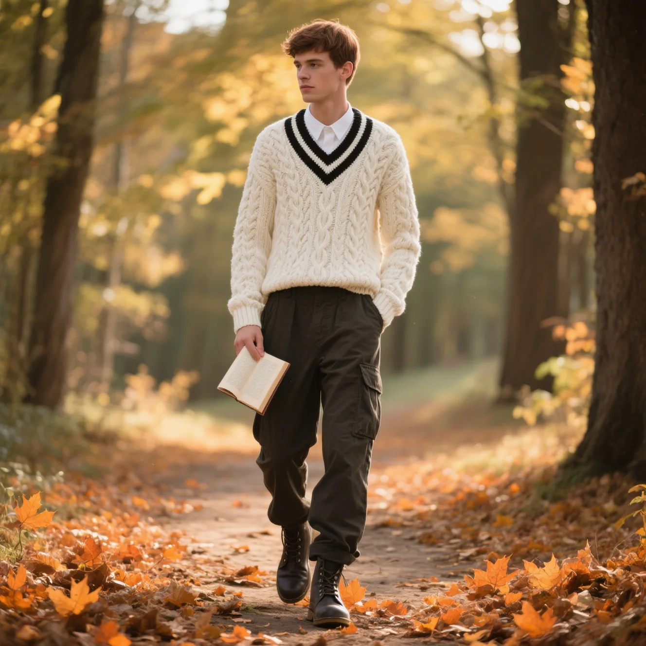 

Warm men's white V-neck sweater with black trim at the neckline - Designed for casual and business casual looks.