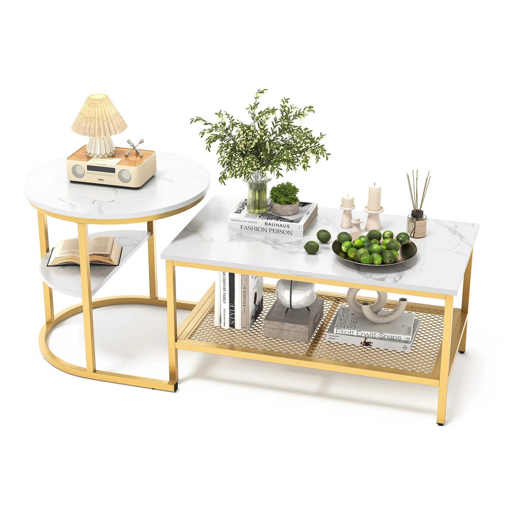 2-delige set salontafel, 2-in-1 woonkamertafel met opbergruimte, moderne banktafel, rond en rechthoekig in marmerlook