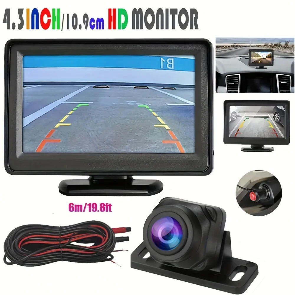 

4 Pin 4.3inch Monitor Backup Camera, Car Rear View Camera HD Display Parking Reverse System, For Pickup Van RV 12V Full Set