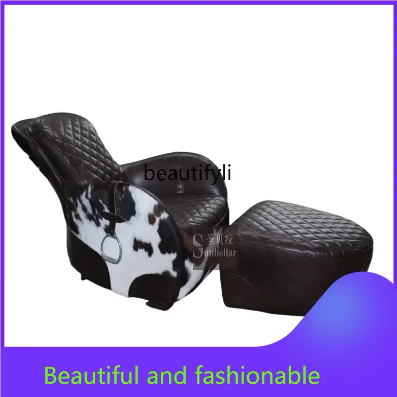 

xzzS American oil wax leather saddle, cow fur sofa recliner, living room bedroom study cigar chair