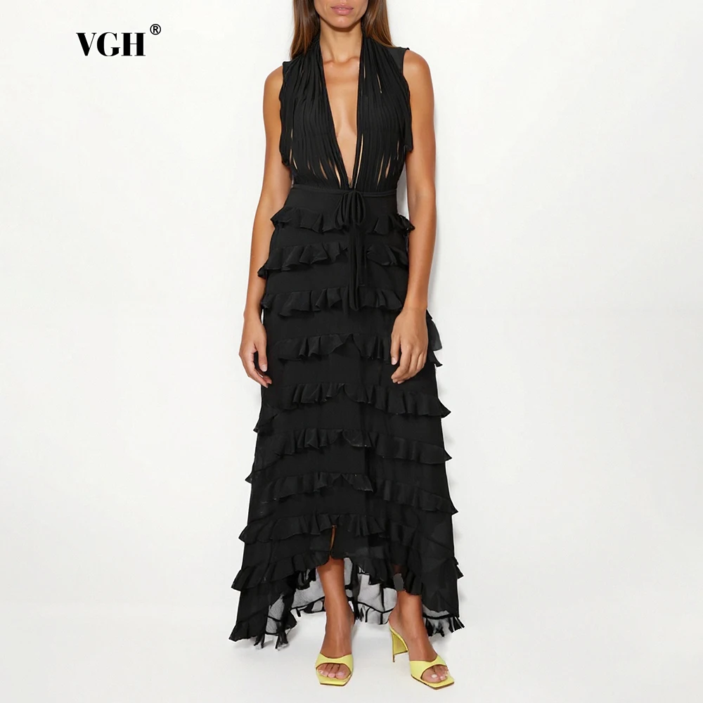 Vgh sexy emendado rendas até maxi vestido para mulher halter sem mangas cintura alta retalhos fungo temperamento em camadas vestidos femininos