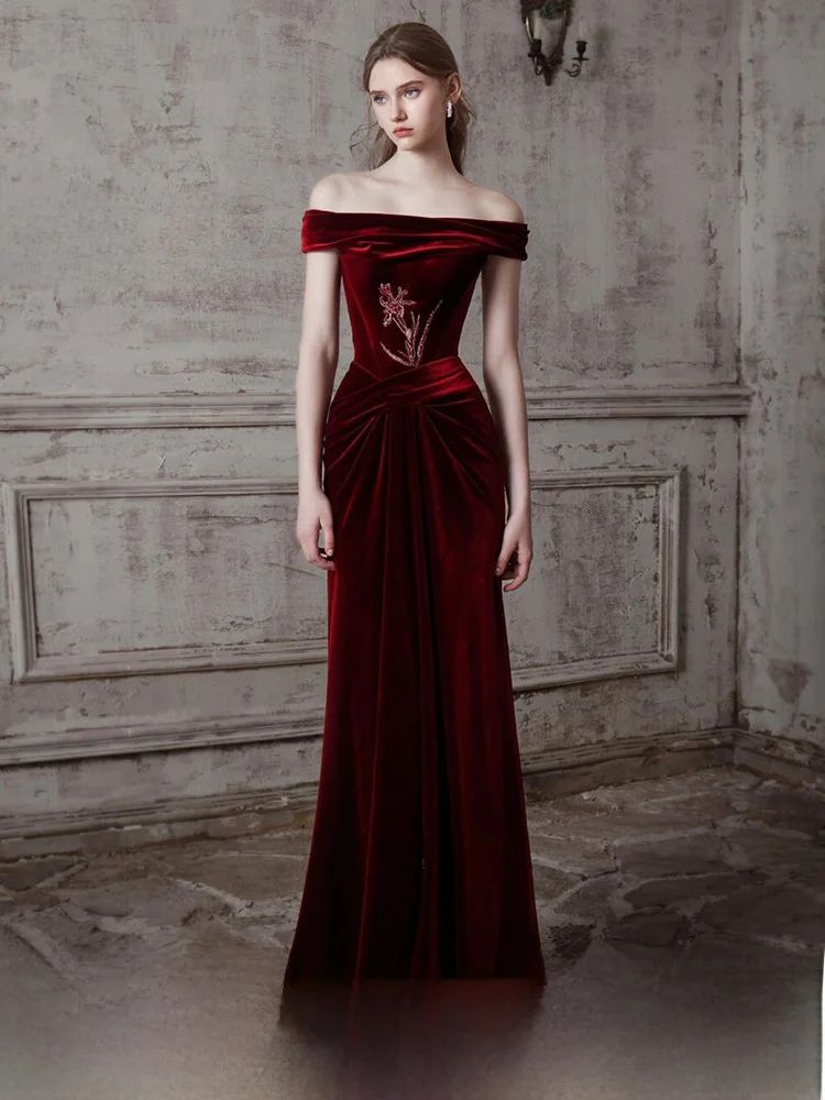 

Velvet Evening Gown One oulder Wedding Dr Fi Tail Skirt Formal Par Reception Welcome Wine Serving Costume Ele