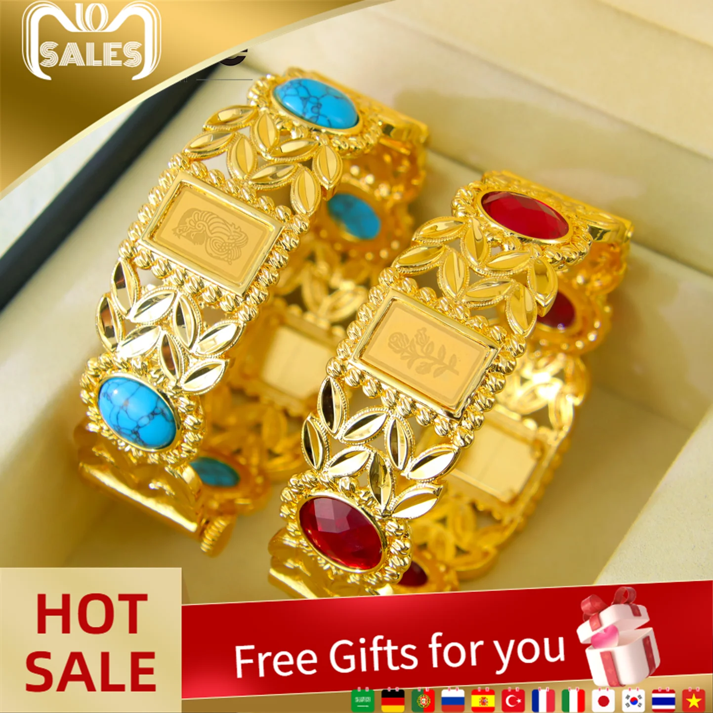 

Algeria Bridal Wedding Jewelry Bracelet 24k Gold Plated Dubai Turquoise Open Bangles Ethiopia Women Vintage Marry Party Jewelrys