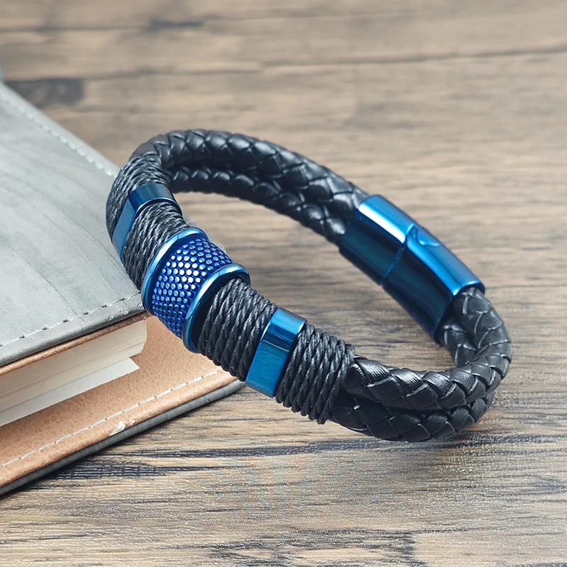 Herren Geflochtenes Leder- & Edelstahl-Armband Blaues Strukturiertes Perlen-Charm-Armband mit Magnetverschluss für Tägliches Tragen