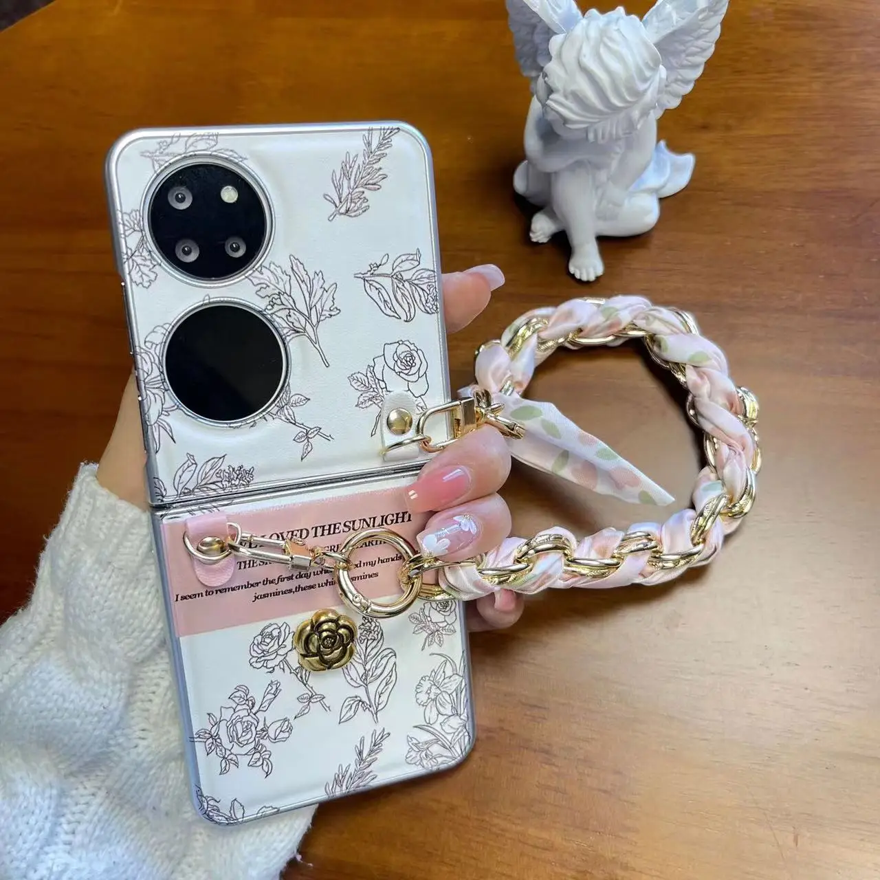 For Huawei P50 Pocket 2 Pockets Cover With Holder Flower Handheld Scarf Bracelet Wristband Chain Strap Case Soft Back All Cover image 5