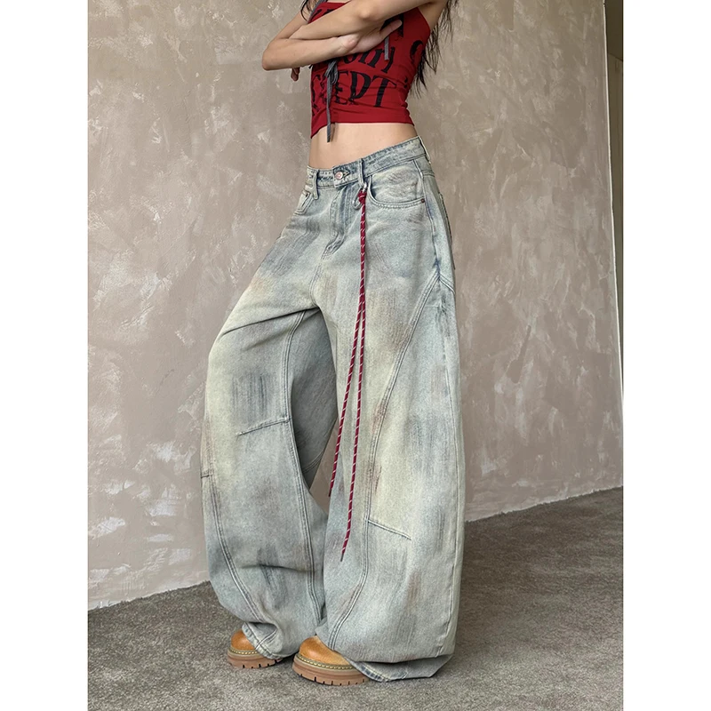 Damskie jeansy vintage w kolorze jasnoniebieskim Y2k, luźne, Harajuku, estetyka japońska, szerokie nogawki, spodnie dżinsowe, spodnie cargo, ubrania trashowe.