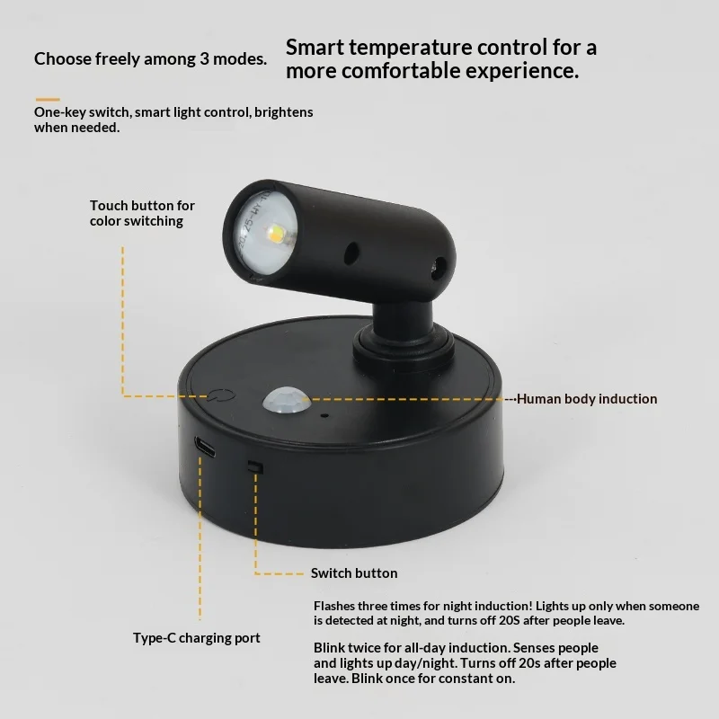 Wall Light LED light magnetic Spotlight Wireless USB Rechargeable No Punch Reading Light With Touch Switch Dimmable Bedside Lamp