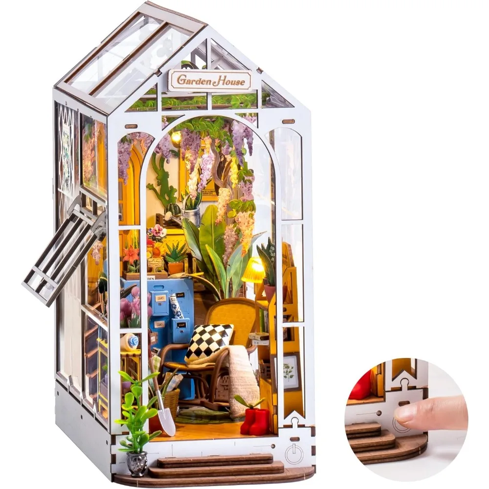 

DIY Miniature House Book Nook Kit: 3D Wooden Puzzle, Bookend Shelf Insert with LED Light and Doll Decor