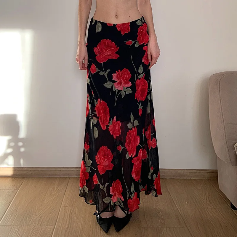 

2025 New Vintage Dark Grunge Florals Print Mesh Long Skirt Women Sweet Beach Outfits Y2K Gothic Low Waist Bodycon Mermaid Skirts