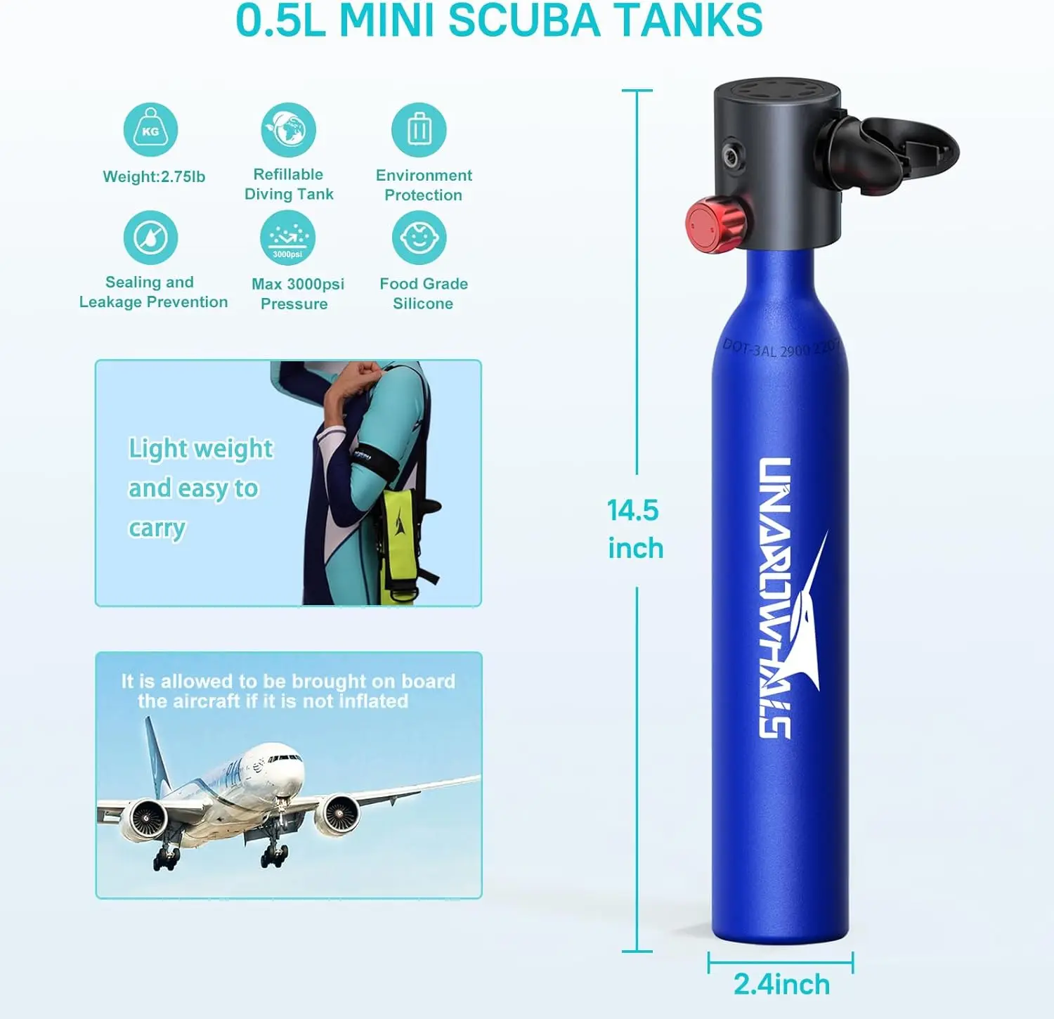 Scuba Tank, 5-10 Minutes Usage Time Scuba Tank Kit, DOT/CE-EN250 Certification Dive Tank, 0.5L(3.5Cu Ft) Capacity Portable Scuba