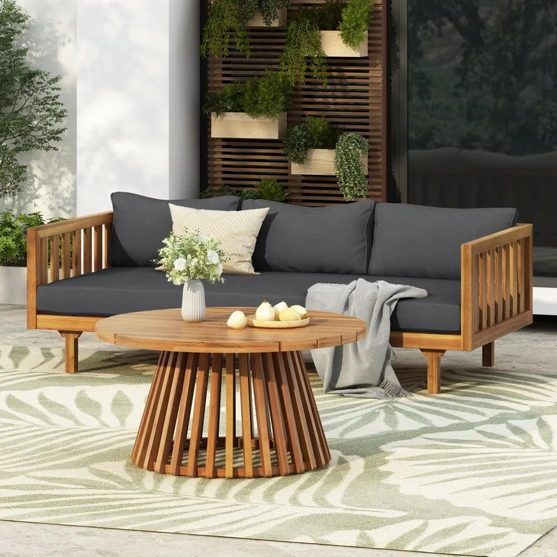 

Dark Grey Acacia Wood 3-Seater Outdoor Daybed with Water-Resistant Cushions and Round Coffee Table