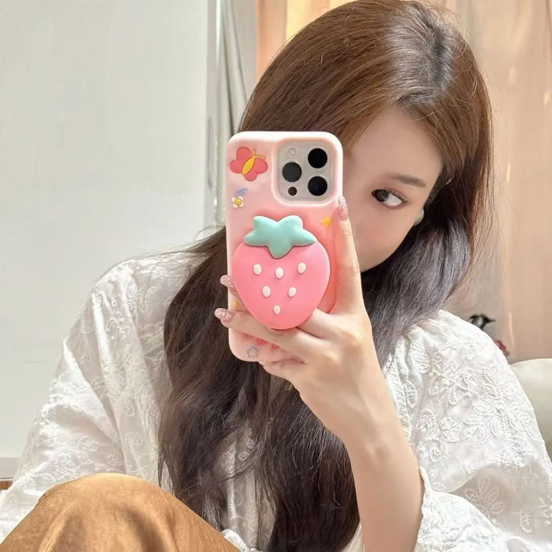 Модный милый силиконовый чехол для телефона с 3D клубничной подставкой для iPhone 17 16 15 14 13 Pro Max 14 15 Plus Sweet Cute Y2K Girl Soft Cover