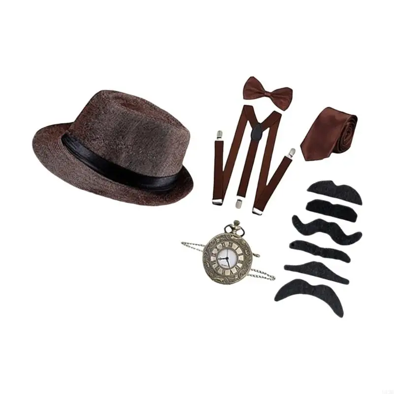 1920s Mens Costume with Fedoras Hat,Vintage Pocket Watch,Pre Tied Bowtie,Tie,Suspenders,Moustache for Halloween Party