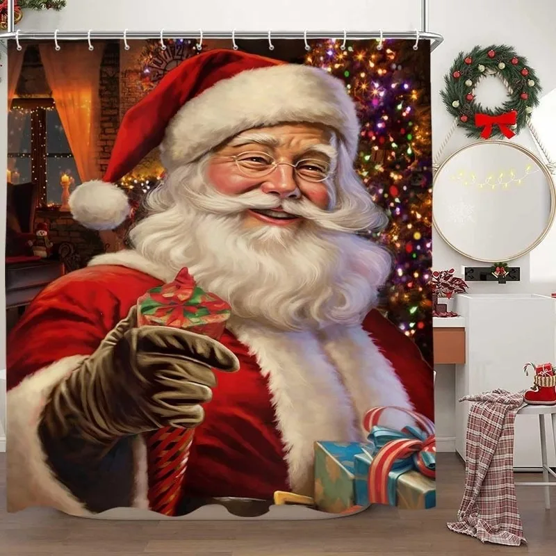Retro Oil Painting Santa Claus with Glasses Christmas Shower Curtain No Drilling 12 Hooks Waterproof Bathroom Decor