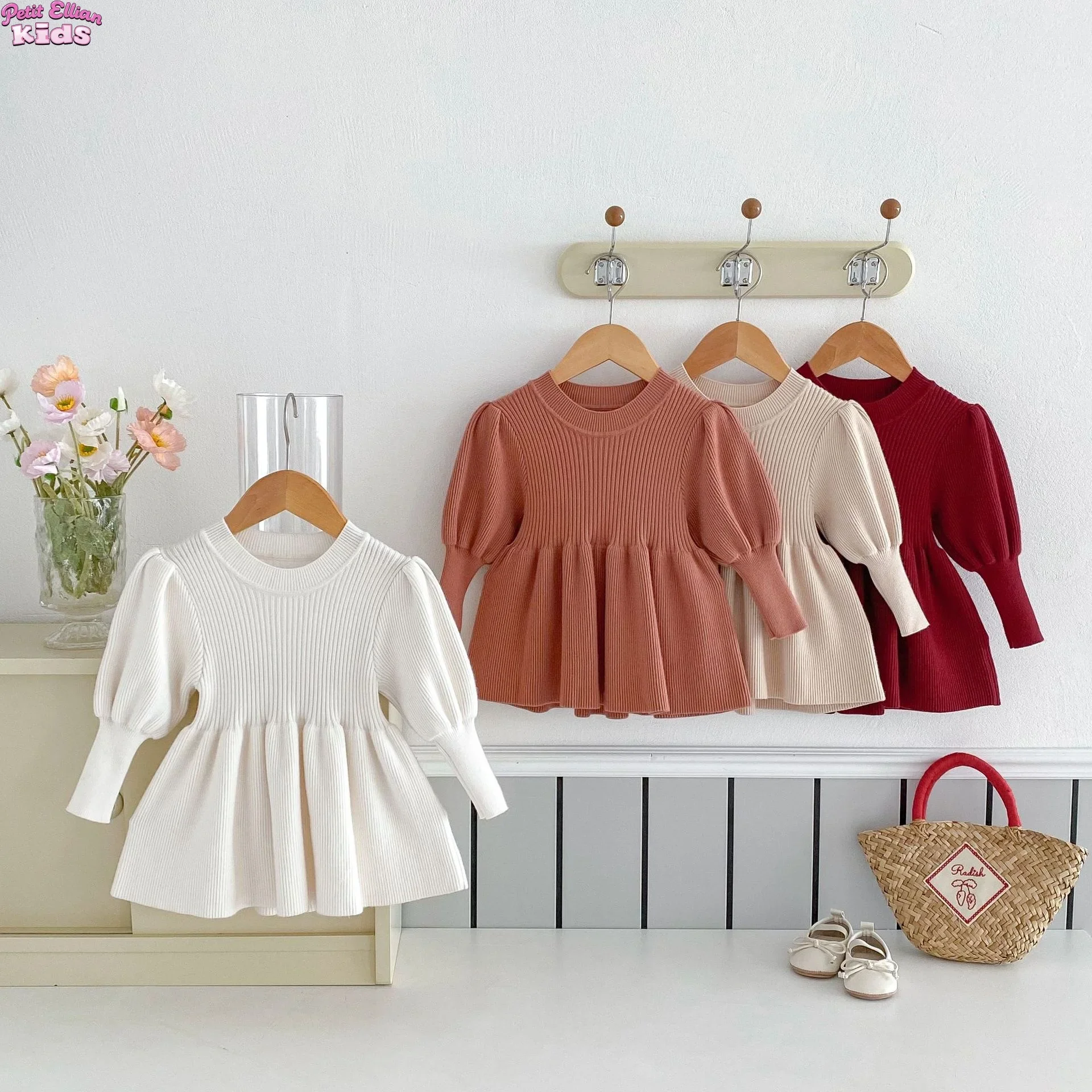 

2025 Kids Girls Puff Sleeve Knitwear Clothes 0-5Y Children Solid Color Crewneck Sweater Top Cute Soft Autumn Winter Pullover