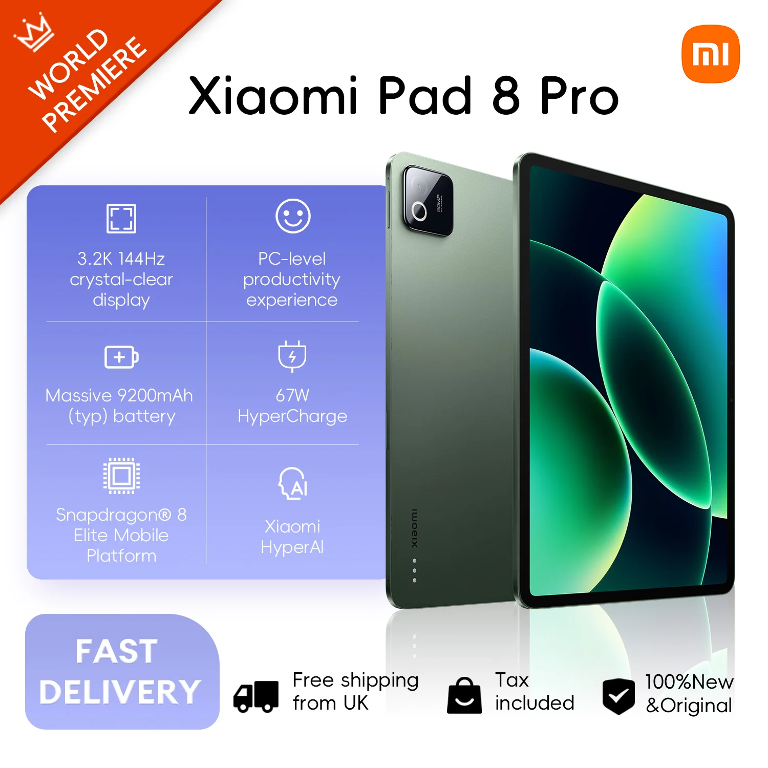 Xiaomi Pad 8 Pro 8+256GB WIFI 7 Global Version Snapdragon® 8 Elite Mobile Platform 11.2" 3.2K 144Hz Display 9200mAh 67W 50MP