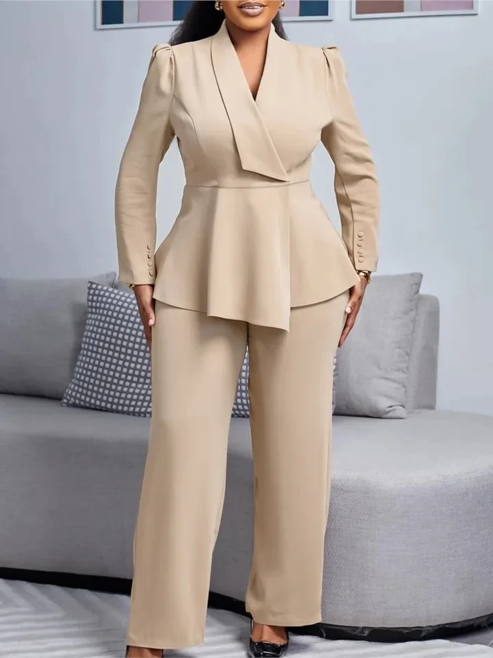 

Autumn Winter Fashionable Elegant OL Ruffle Tops + Wide Leg Pants Suit Slim Waist For Women's Office Trousers 2-piece Set 2026