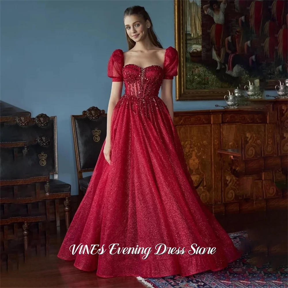 

VINES Burgundy Formal Gown Sweetheart Neckline Prom Dress with Glitter Sequin Evening Dress Short Sleeve Modern Style Customized