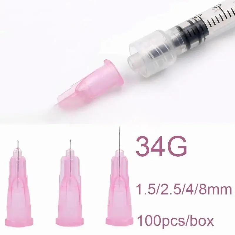 100PCS/Box 34G 1.5mm 2.5mm 4mm 6mm 8mm Tattoo Needle Transparent Syringe Injection Painless Needle Small Teeth Irrigator Part
