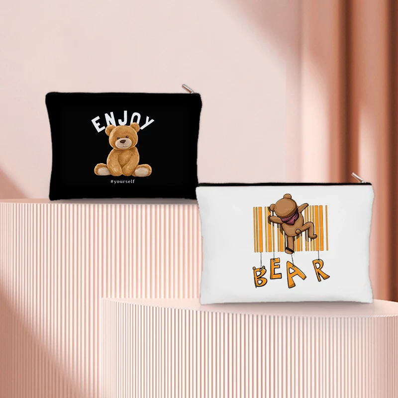 Kawaii Fool Bear Cosmetic Bag Have A Nice Day Makeup Pouch Bag Positive Optimistic Travel Toilet Clutch Pocket Money Organizer