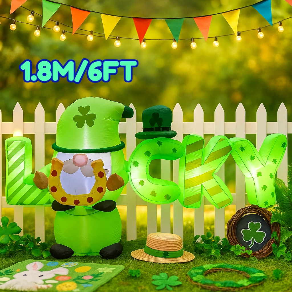 

6 футов надувной гном на день Святого Патрика, тематический зеленый воздушный шар с трилистником, шляпа лепрекона, золотая монета, украшения для двора, сада, вечеринки